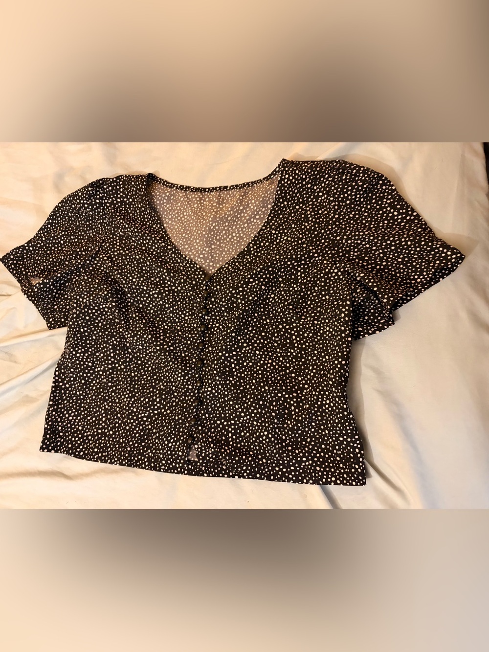 Black White Polka Dot V-Neck Button Front Top